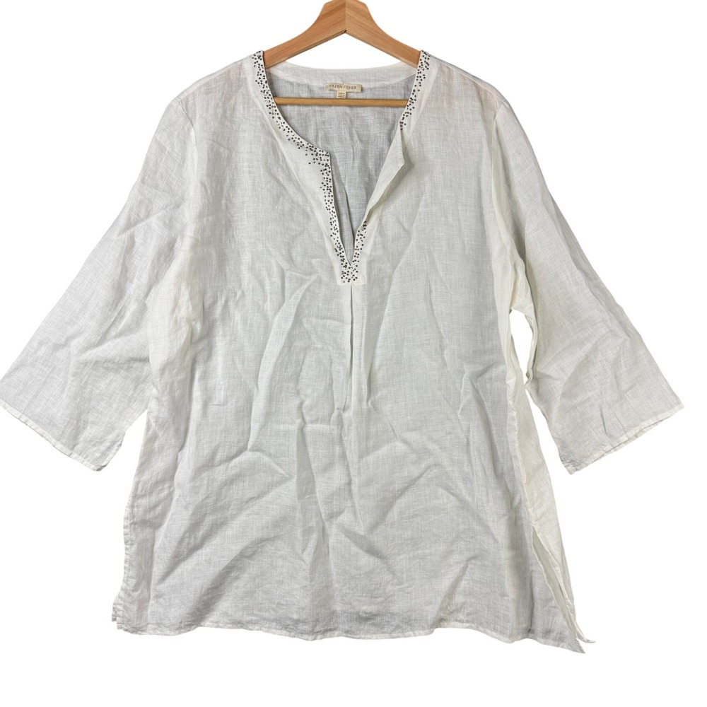 Eileen Fisher XL White 100% Irish Linen Sequin Trim Split Neck Tunic Top